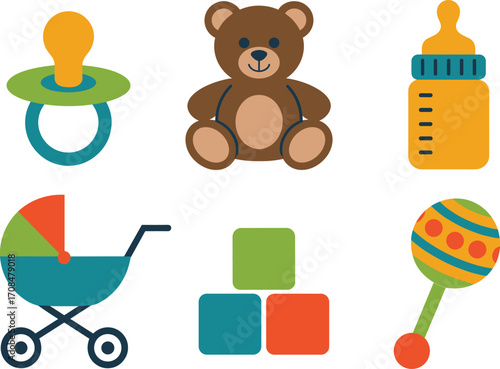 Adorable baby items collection six cute icons for nursery decor and gifts