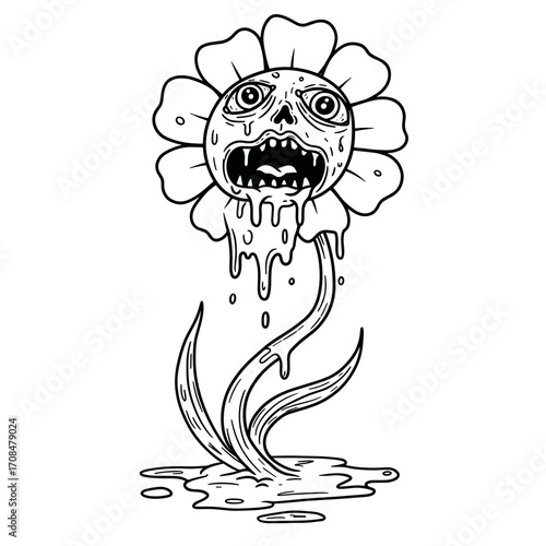 Creepy flower with skull face and dripping details on white background  