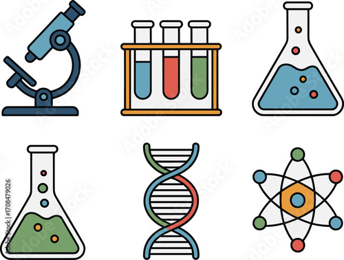 Set of six scientific laboratory equipment icons for research and discovery projects