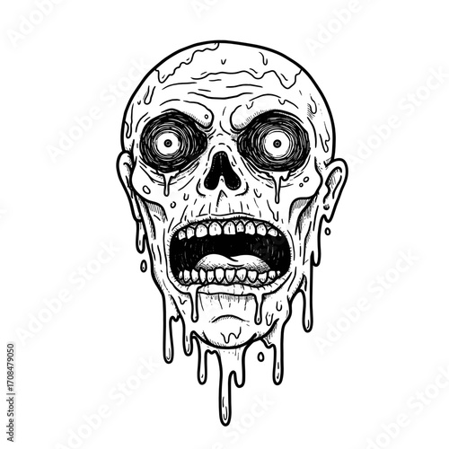 Scary skull with dripping features and wide-open eyes for Halloween  