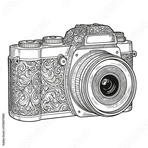 Vintage camera illustration with ornate design in black and white  