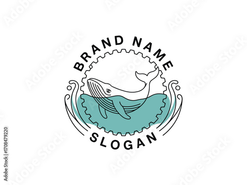 Circular nautical logo design featuring a whale spouting water and brand name