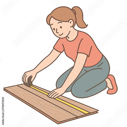 Young woman measuring wooden laminate floor with tape measure  