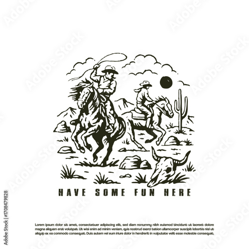 Vintage retro hand drawn two horseman riding a horse in the desert isolated on white background