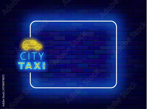 City taxi neon greeting card. Yellow car. Public passenger transportation. Vector stock illustration