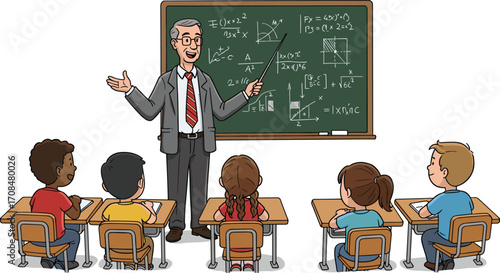 Mathematics classroom scene, teacher explaining equations, students learning algebra, chalkboard with formulas, geometry lesson, academic education, school environment, focus