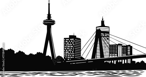 Vector art of cologne skyline silhouette with famous buildings and attractions in black and white style