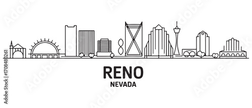 Reno Line Art skyline horizontal banner. Reno, Nevada. Vector template for your design. with white background