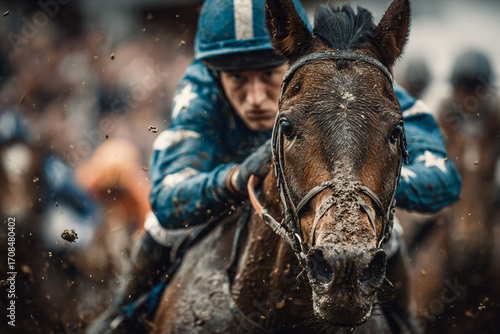 Close-up of a jockey and horse during Velká Pardubická steeplechase. Intense focus in the jockey’s eyes, horse’s muscles straining mid-gallop, dirt flying from the track. 