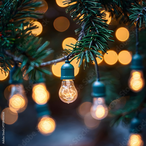 Glowing Christmas Bulbs on Pine Tree Branches