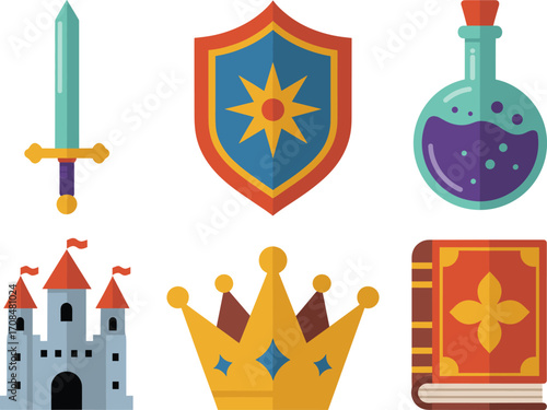 Medieval fantasy game assets set six icons castle crown sword shield potion and spellbook