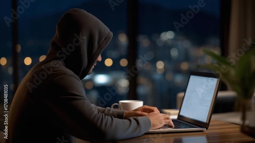A person in a hoodie edits a fake social media profile on a laptop in a home office with a city view.