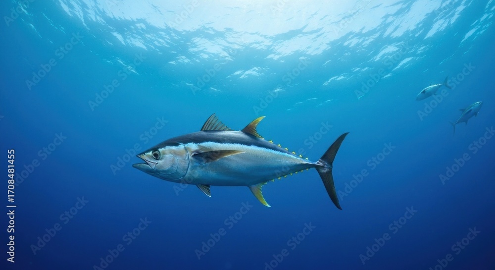 Fototapeta premium Tuna fish swimming in deep blue ocean. Sunlight rays shining through water