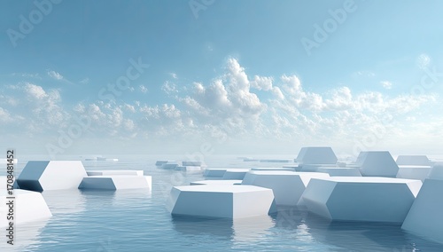 A serene, minimalist landscape of white hexagonal shapes floating on a placid blue water expanse, against a backdrop of a partly cloudy, light blue sky
