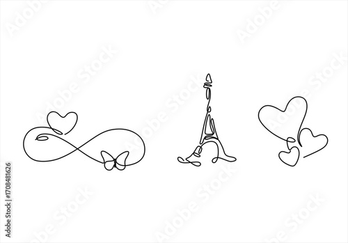 Elegant Continuous Line Art Hearts, Eiffel Tower, and Infinity. line icon-continuous line drawing. Editable stroke. 