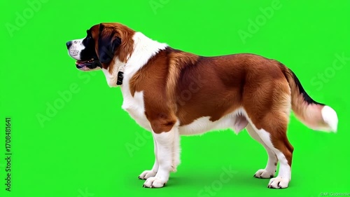 Energetic Saint Bernard dog pacing playfully on vibrant green screen, perfect for pet-related content and captivating animal adventures