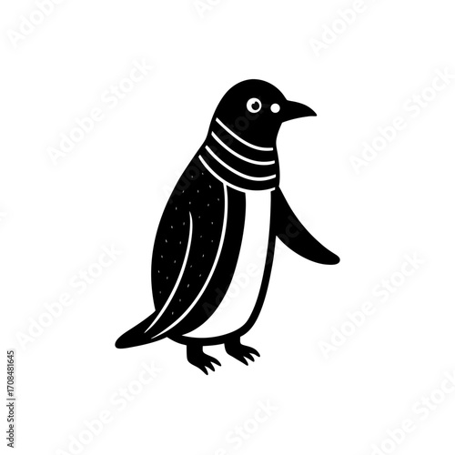 Stylized penguin with neck stripes stands on transparent background