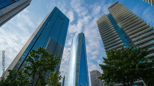 Fototapeta Naklejka Na Ścianę i Meble -  Low angle shot of modern skyscrapers reflecting the blue sky and clouds with green trees in the foreground