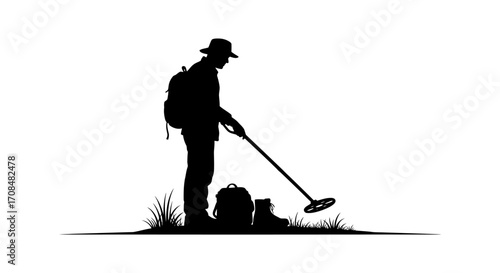 Adventurous silhouette of person metal detecting outdoors with backpack and boots ready for treasure hunt