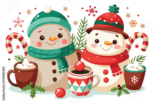 adorable snowmen and festive hot cocoa mugs decorative