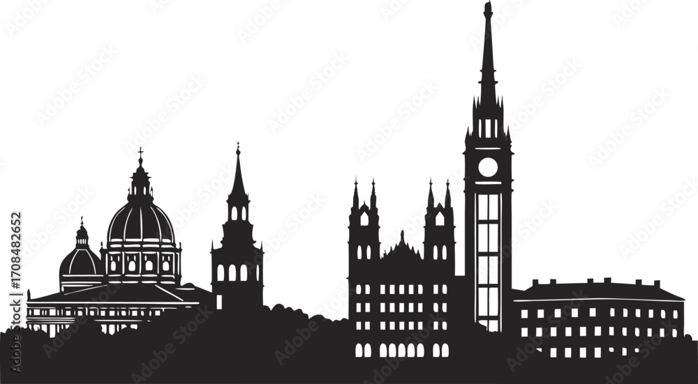 Fototapeta premium Vector art of silhouette of the dresden skyline showcasing iconic landmarks and architectural details in black and white