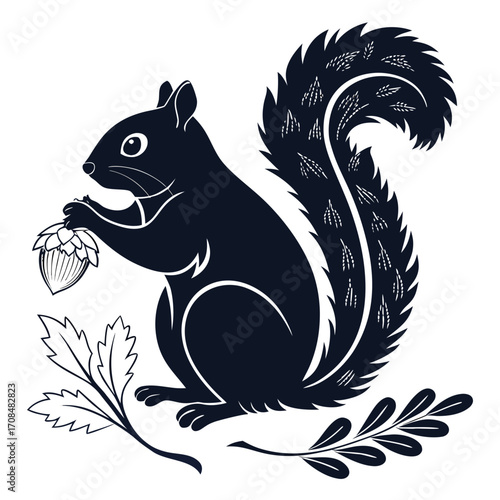 Squirrel holding acorn silhouette isolated on white background