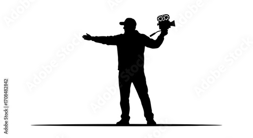 Dynamic filmmaker captures action with vintage camera, directing scene with confident gesture