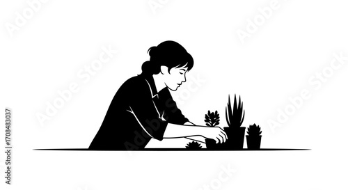 Focused woman tending to potted succulents, creating a serene indoor oasis for calm relaxation and mindful living.