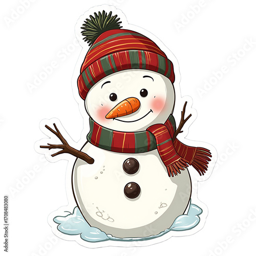 2D Sticker Vector Illustration Winter Festive Snowman Isolated transparent background