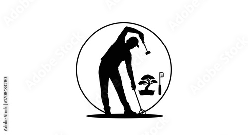 Golfer perfecting swing near bonsai tree, symbolizing focus and precision in sport and nature