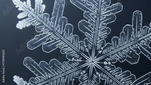 Intricate snowflake design captured in close-up against a dark background, showcasing nature's beauty