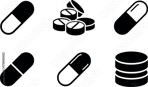 Set of six black and white medical pills capsules and tablets icons for health and pharmacy concepts vector