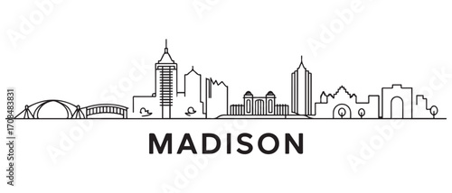 Madison Line Art skyline horizontal banner. Madison, Wisconsin. Vector template for your design. with white background