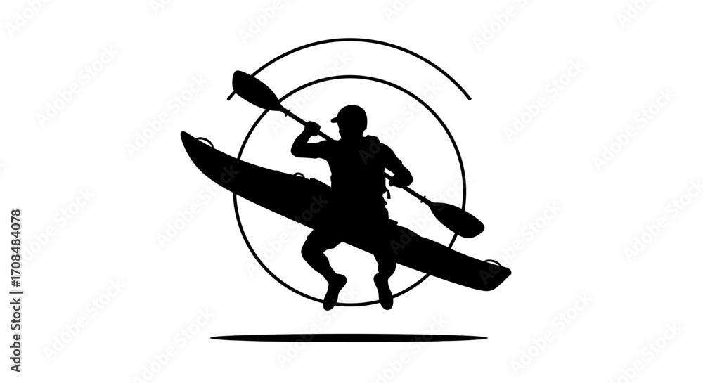 Fototapeta premium Dynamic kayaker silhouette paddles intensely through abstract circular motion, capturing adventure and sport