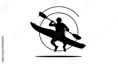 Dynamic kayaker silhouette paddles intensely through abstract circular motion, capturing adventure and sport
