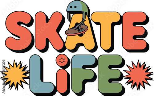 Skate life cartoon text with skater character and starbursts fun design