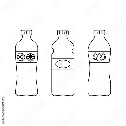 Juice water bottle icon set vector illustration, beverage container outline, soda drink packaging, plastic bottle line art, eco concept.