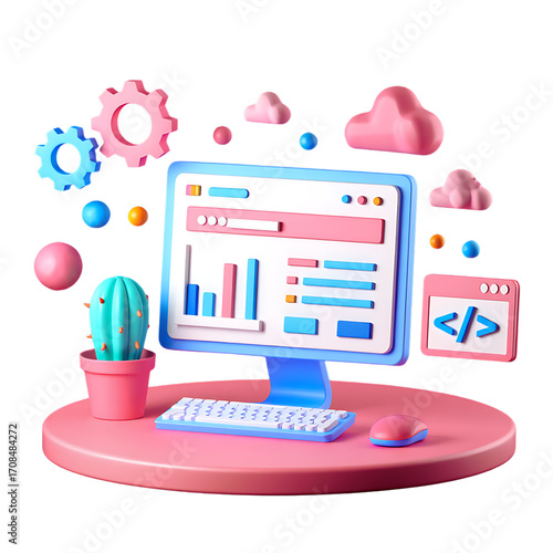 3d rendering of a computer setup with cloud computing icons and coding symbols for digital technology isolated on transparent background