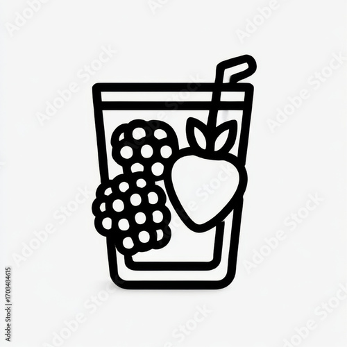 Outline smoothie icon, minimalist and healthy, with berries and a straw in a glass on a white background with copy space
