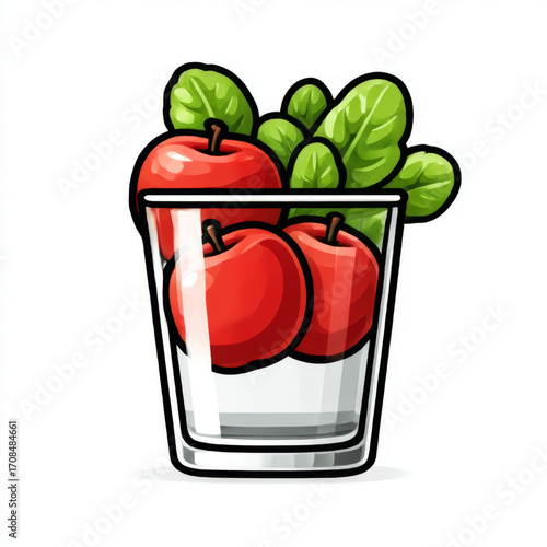 Healthy ingredients illustration, vibrant and fresh, with apples and spinach in a glass on a white background with copy space