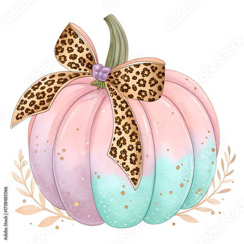 Whimsical Pink Pumpkin Illustration with Leopard Print Bow and Gold Glitter Outline on White Background