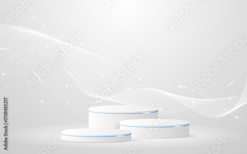 White podium with elegant white wave lines on the back for product presentation. Display of cosmetic products. Stage or podium. vector illustration	