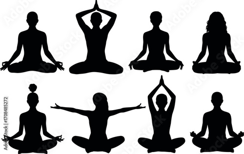Eight diverse black silhouette figures in various meditative yoga poses for wellness and serenity vector