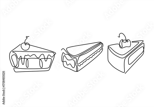 Slices of cake in continuous line art with cherry.  line icon-continuous line drawing. Editable stroke. 
