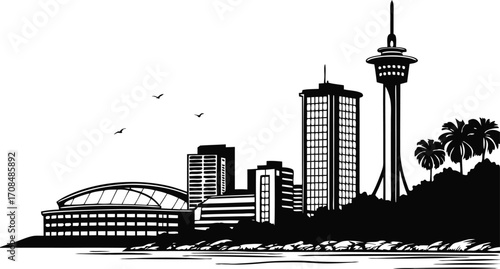 Vector art of silhouette of auckland city skyline, featuring iconic buildings and landmarks in black