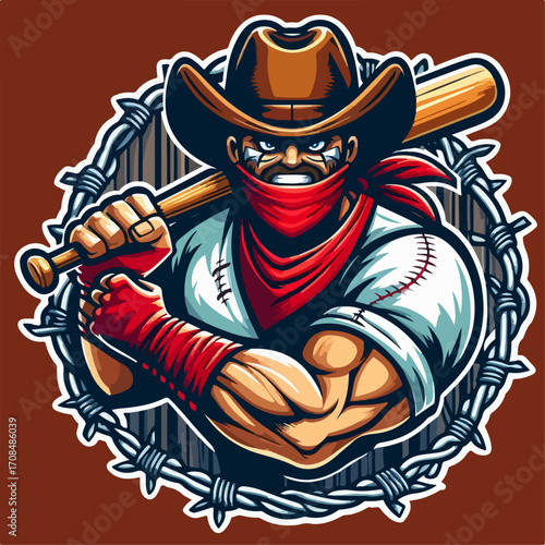 premium vector illustration of a fierce baseball character with muscular arms, wearing a cowboy hat