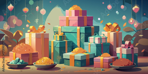 A colorful birthday cake with lit candles is set among a pile of ribbon-wrapped gift boxes
