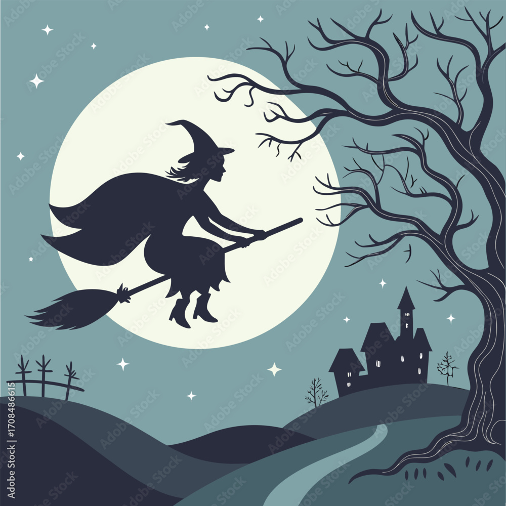 Fototapeta premium Halloween witch silhouette flying on broomstick against the night sky. Perfect for party decor, merchandise, and holiday projects. Editable and scalable vector.