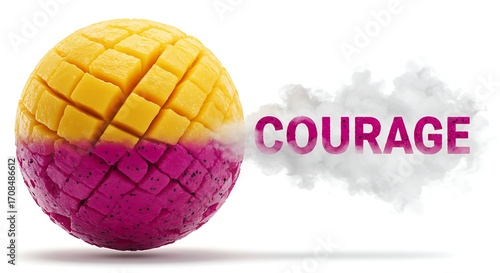 Vibrant mango and dragon fruit sphere embodies courage and bold inspiration for motivational projects