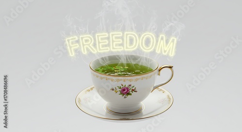 Steaming cup of green tea with a glowing 'FREEDOM' neon sign, evoking tranquility and escape.